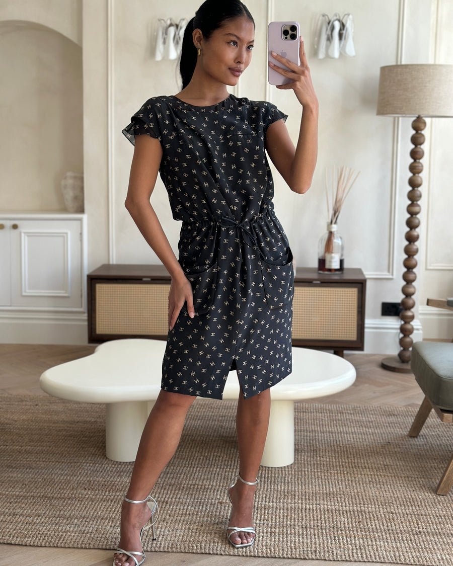 Chanel 2012 Black CC Logo Short Sleeve Midi Dress with Waist Tie Detail Size FR 34 (UK 6)
