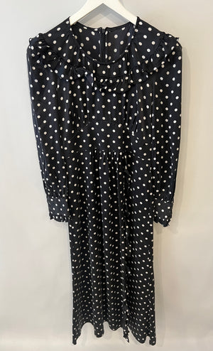 Alessandra Rich Black and White Silk Polkadot Midi Dress with Ruffle Details Size IT 42 (UK 10)