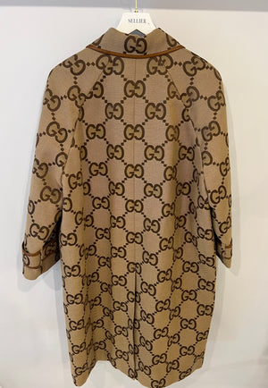 Gucci Beige GG Monogram Coat with GG Logo Buttons and Leather Trim Detail Size IT 40 (UK 8) RRP £2,900