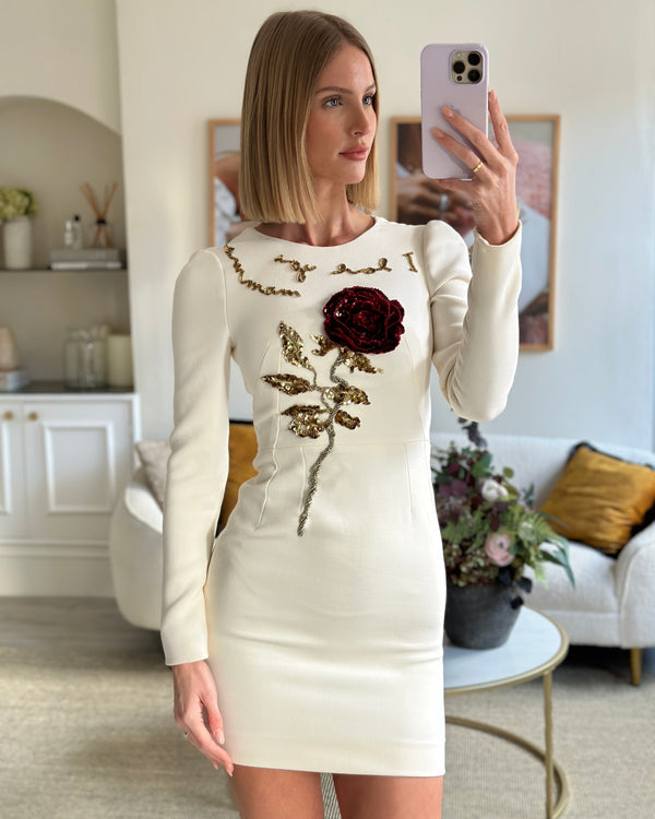 Dolce & Gabbana Cream Embellished Rose Long Sleeve Dress IT 34 (UK 4)