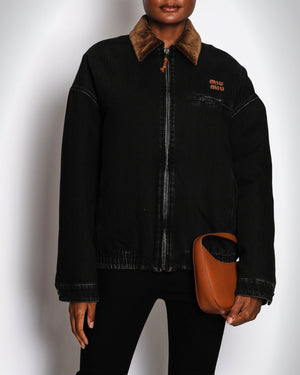 Miu Miu Black Denim Padded Jacket with Leather Logo and Corduroy Collar Detail Size IT 38 (UK 6)