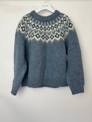Celine AW22 Light Blue Brushed Fair Isle Wool Oversized Crew Neck Jumper Size M (UK 10)