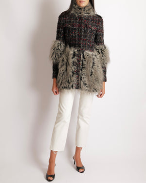 Chanel Fall 2010 Black, Grey and Red Tweed Jacket with Grey Faux Fur Sleeves and Trims and Black and Silver CC Logo Buttons Size FR 38 (UK 10)
