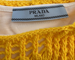 Prada Yellow Crochet Knitted Mini Dress with White Slip Size IT 38 (UK 6)