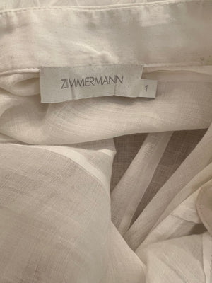 Zimmermann White Short-Sleeved Blouse with Scalloped Details and Brown Trim Size 1 (UK 10)