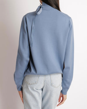 Fendi Blue Wool Long Sleeved Jumper with Logo Ribbon Detail Size IT 40 (UK 10)