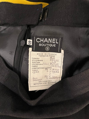*HOT* Chanel 1994 Vintage Black and Yellow Wool Jacket & Midi Skirt Set with CC Logo Button Details Size FR 40 (UK 12)