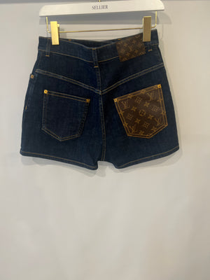 Louis Vuitton Blue Indigo Denim Shorts with Brown Leather LV Monogram Pocket Detail Size FR 38 (UK 10)