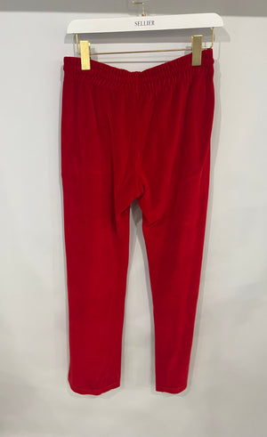 Celine Red Velours Tracksuit Trousers with White Details and Elasticated Waist with Embroidered Logo Detail Size M (UK 10)