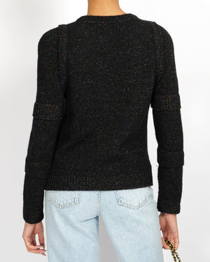 Chanel Fall 2017 Black and Multi-Colour Wool Knit Jumper with Metallic and Sequin Embellished Embroidery with Silver CC Logo Button Detail Size FR 36 (UK 8)