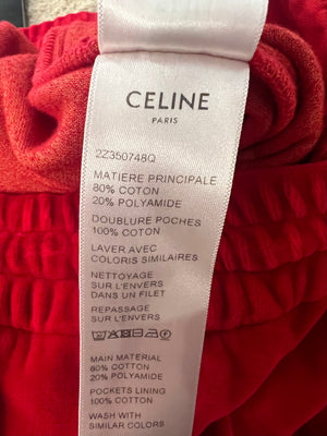 Celine Red Velours Tracksuit Trousers with White Details and Elasticated Waist with Embroidered Logo Detail Size M (UK 10)