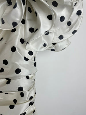 Alessandra Rich White & Black Polka Dot Ruched Crepe Mini Dress with Crystal Buttons and Strap Ruffle Details Size IT 38 (UK 6)