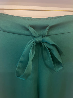Nadine Merabi Green Satin Top and Trousers Set with Feather Trim Detail and Crystal Buttons Size UK 6/8