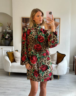 Dolce & Gabbana Brown Leopard Silk Floral Dress with Tie-Neck Detail Size IT 46 (UK 14)