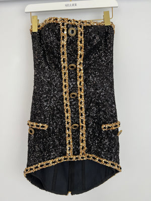 Balmain Black and Gold Sequin Mini Dress with Buttons Details Size UK 8 RRP £4,400