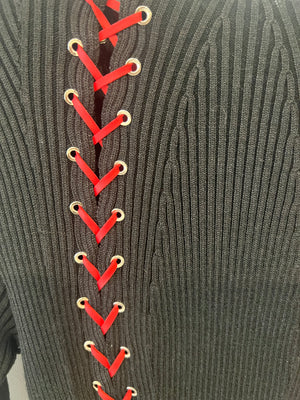Alexander McQueen Fall 2017 Black Knit Ribbed Mini Dress with Red Leather Tie Details Size S (UK 8) RRP £2,800