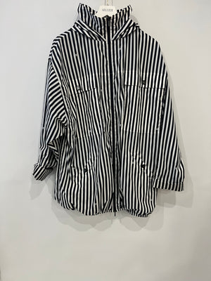 Chanel Black and White Striped Hooded Anorak Jacket with CC Logo Prints and CC Logo Buttons Size FR 36 (UK 8)