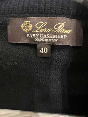 Loro Piana Navy Baby Cashmere Ribbed Long-Sleeved Hooded Gilet with Mushrooms and Fox Print Size IT 40 (UK 8)