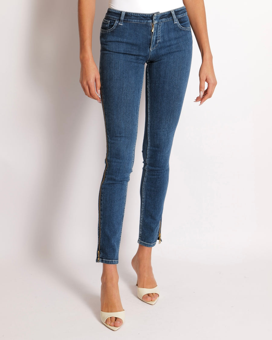 Louis Vuitton Skinny Jeans with Gold Zip Details and Logo Embroidery Size FR 34 (UK 6)