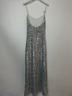 Oséree Silver Sequin Pailettes Maxi Dress with Gold Ring Strap Detail and Side Slit Size L (UK 12)