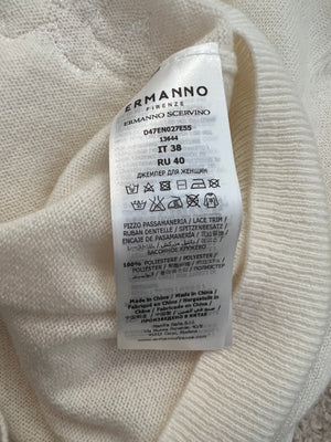 Ermanno Scervino White Wool and Lace Cardigan and Skirt Set with Sequin Embellishments Size IT 38 (UK 6)