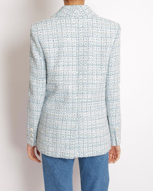 Chanel 19C Light Blue La Pausa Tweed Jacket with Silver and White CC Logo Buttons Size FR 40 (UK 12)