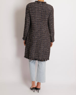 Chanel Black, Navy and Brown Tweed Long Jacket with Fringed Trims and Silver Chain Button Details Size FR 36 (UK 8)