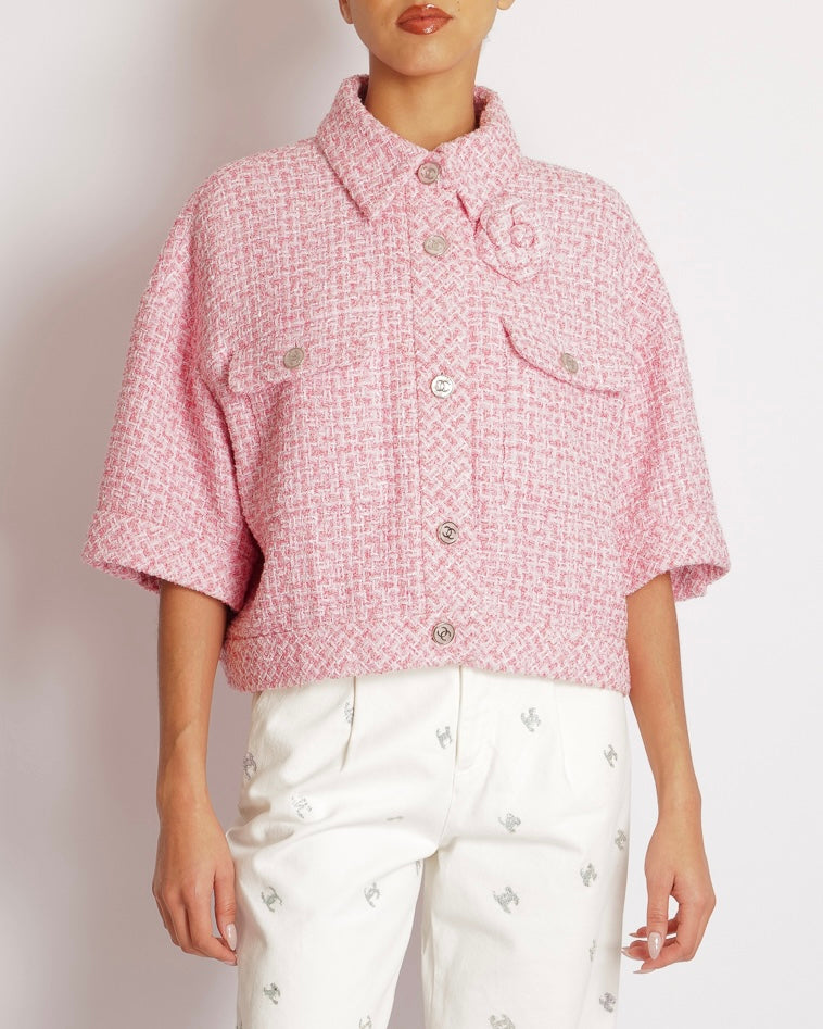 Chanel Pink Tweed Cropped Jacket with Pink Mother of Pearl and Silver CC Logo Buttons and Camellia Brooch Size FR 46 (UK 18)