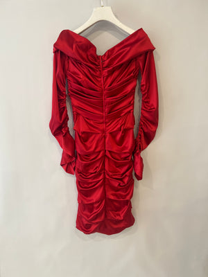 Dolce & Gabbana Red Silk Draped Mini Dress with Rouched Sleeves Detail Size IT 42 (UK 10)