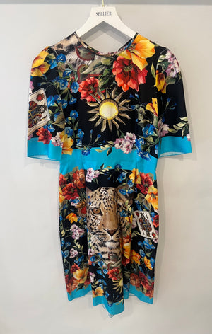 Dolce & Gabbana Black Silk Short-Sleeved Midi Dress with Multi-Colour Floral Print and Leopard Face Detail Size IT 40 (UK 8)