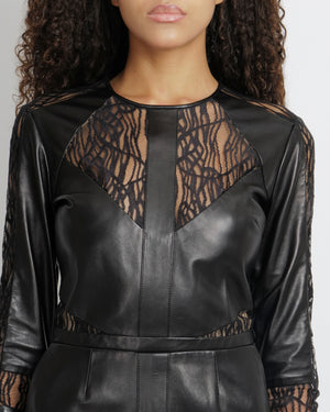 Elie Saab Black Leather Jumpsuit with Lace Sleeves and Inserts Size FR 38 (UK 10) RRP £4,350