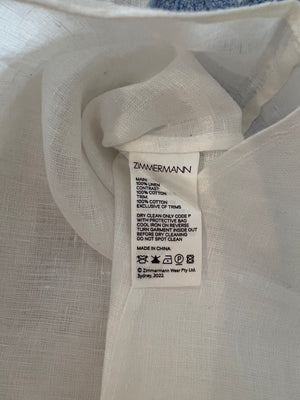 Zimmermann White Linen Raie Top with Light Blue Embroidered Lace Detail Size 2 (UK 12)