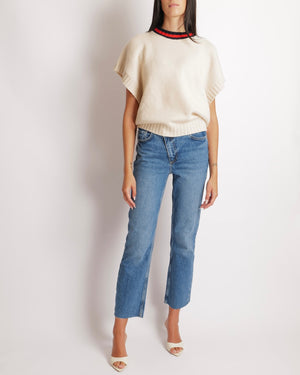 Gucci Beige Wool Sleeveless Jumper with Back Logo and Navy, Red Collar Size XS (UK 6)