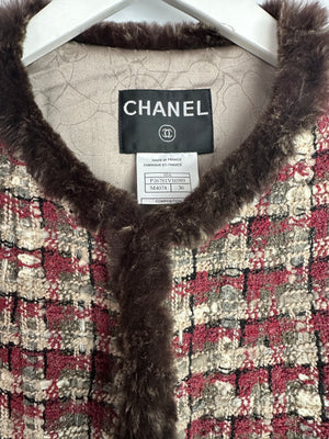 Chanel Red, Beige and Grey Tweed Jacket with Rabbit Fur Trim Detail Size FR 36 (UK 8)