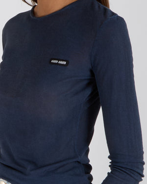 Miu Miu Navy Long Sleeved Top with Black and White Logo Embroidery Detail Size IT 40 (UK 8) RRP £985