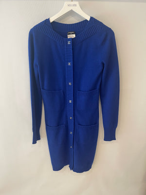 Chanel Cobalt Blue Cashmere Long Cardigan with Silver CC Logo Buttons Size FR 34 (UK 6)