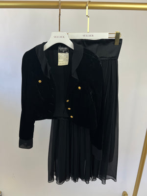 Chanel Vintage Black Pleated Mesh Skirt and Velvet Jacket Set Size FR 38 (UK 10)