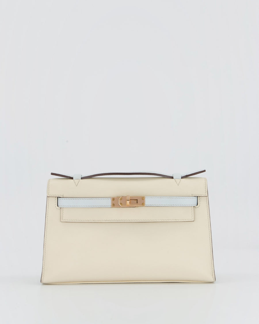 Hermès HSS Kelly Pochette Bag in Nata and Blue Brume Swift Leather with Rose Gold Hardware