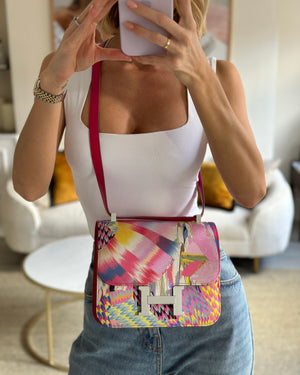 *RARE AND FIRE PRICE* Hermès Constance 24cm Bag in Rose Mexico and Multicolour Swift Leather and Marble Silk with Palladium Hardware