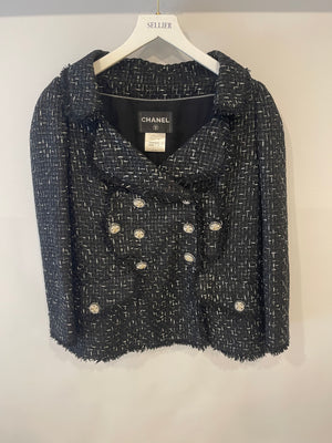 Chanel Paris Versailles Black Tweed All-Over Logo Ribbon Jacket with Silver Embellished Buttons Size FR 42 (UK 14)