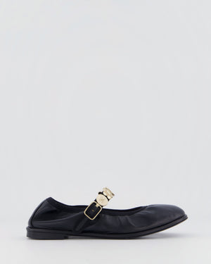 Chanel Black Leather Ruched Ballet Flat with Brushed Champagne Gold Charm Strap Details EU 37C