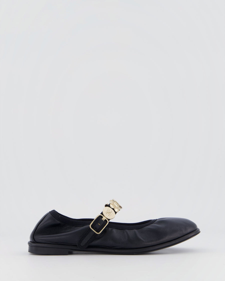 Chanel Black Leather Ruched Ballet Flat with Brushed Champagne Gold Charm Strap Details EU 37C