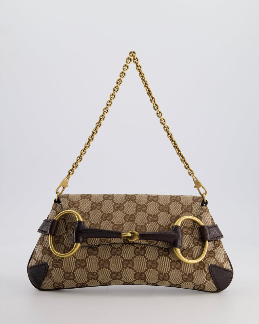 Gucci Brown and Beige Vintage Horsebit 1995 Shoulder Bag in GG Monogram Canvas and Brushed Gold Hardware