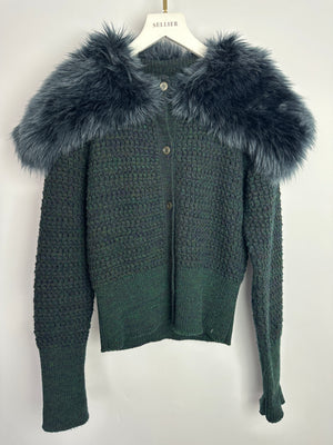 Prada Green Wool Cashmere Blend Knit Cardigan with Faux Fur Collar Size IT 42 (UK 10 )