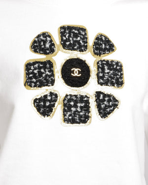 Chanel Fall 2020 White Cropped Sweater Top with Black and Gold Tweed Flower Detail with Gold CC Logo Size M (UK 10)