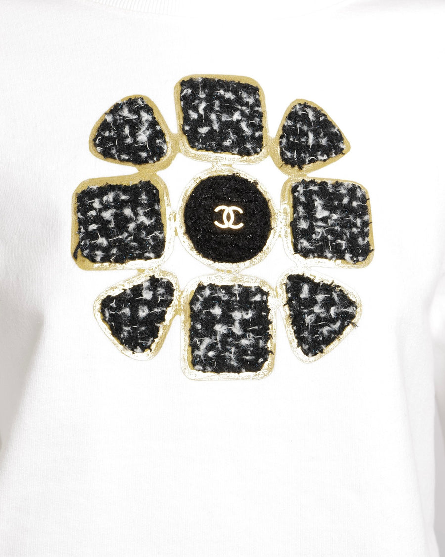 Chanel Fall 2020 White Cropped Sweater Top with Black and Gold Tweed Flower Detail with Gold CC Logo Size M (UK 10)