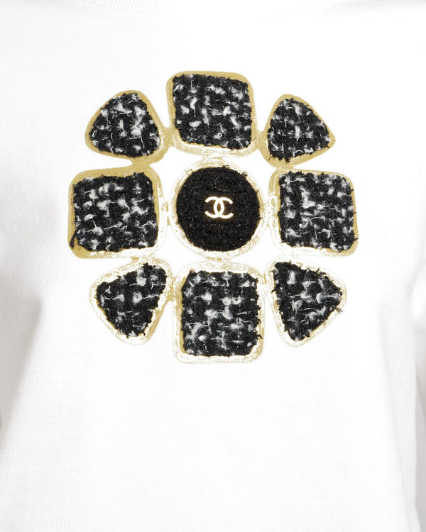 Chanel Fall 2020 White Cropped Sweater Top with Black and Gold Tweed Flower Detail with Gold CC Logo Size M (UK 10)