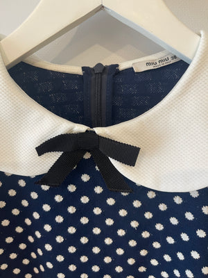 Miu Miu Navy and White Polkadot Mini Dress with Collar Detail Size IT 38 (UK 6)