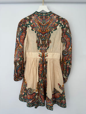 Zimmermann Beige & Multicolour Paisley Print Short Dress with Long Sleeve Size 1 (UK 10)