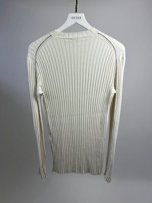 Celine Cream Ribbed Long Sleeve Jumper with Contrast Stitch Detail Size S (UK 8-10)